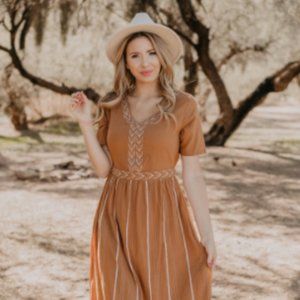 Wren and Ivory Embroidered Dress in Camel